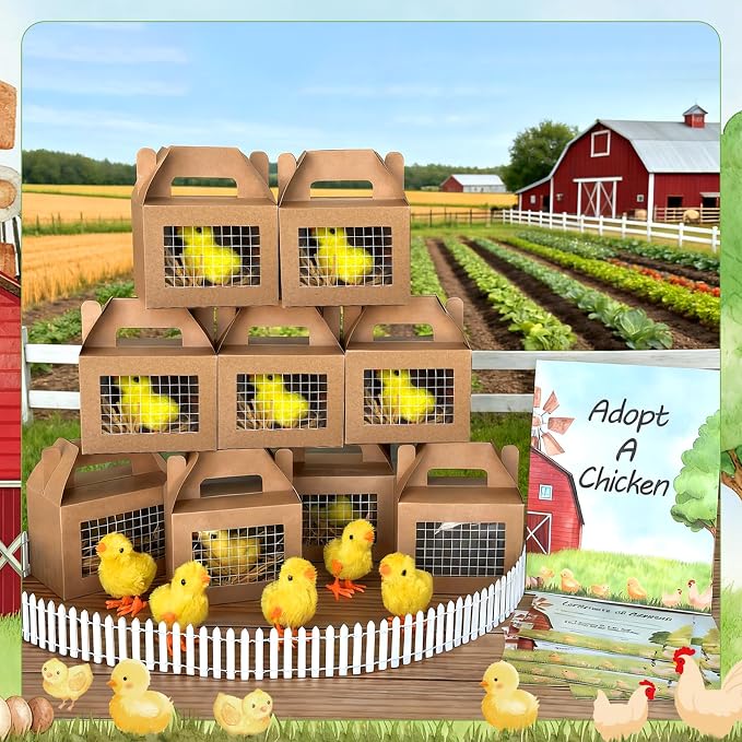 38 Pcs Adopt a Chick Party Favors Farm Animal Party Favor 12 Mini Wind up Jumping Chicken 12 Foldable Boxes 12 Cards 1 Adopt Sign 1 Fence for Adopt a Farm Animal Birthday Party Favor (Chick)