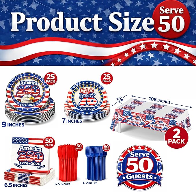 252 PCS 250th Anniversary USA Party Supplies – 1776–2026 Patriotic American Decorations, Serve 50 Guests, Includes Plates Cups Napkins Tablecloths Red Knives & Blue Forks for 4th of July -