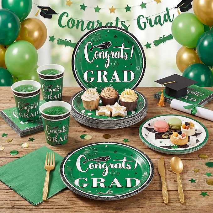 Domensi 400 Pcs 2026 Graduation Decorations Plates and Napkins and Cups Set Serve 50, Green and White Graduation Party Supplies, Class of 2026 Paper Tableware 9oz Cup Knife Fork Spoon Congrats Grad