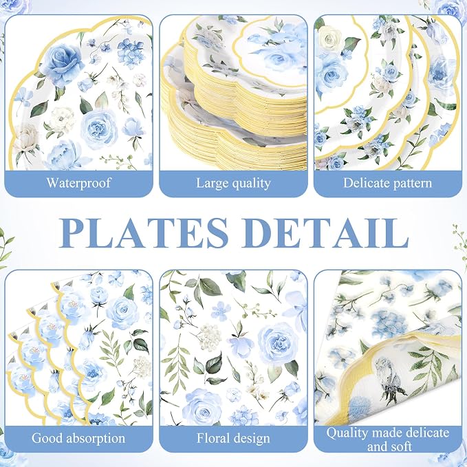 Funnymoom 250 Pcs Floral Party Decorations Flower Paper Plates Napkins and Cups Blue and Gold Floral Disposable Tableware Set for Bridal Shower Baby Shower Wedding Spring Tea Party Supplies, Serves 50