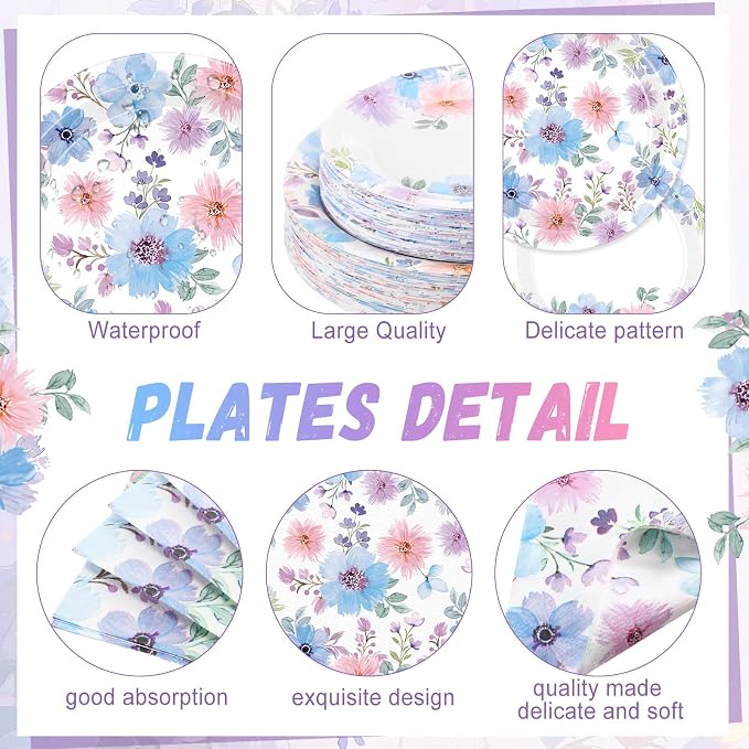 Ziliny 250 Pcs Spring Flower Party Decorations Include Watercolor Floral Paper Plates Napkins and Cups for Summer Wedding Baby Shower Tea Decorations, Serve 50 Guest