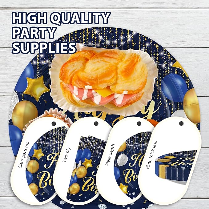 96Pcs Blue and Gold Birthday Party Decorations for Navy Blue Gold Disposable Plates and Napkins Tableware Set Happy Birthday Decorations for Men Women Bday Party Supplies Serves 24