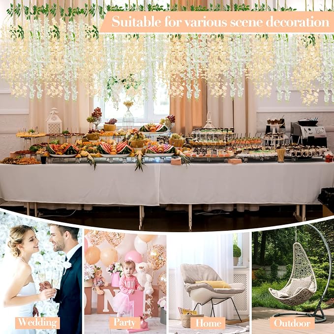 Giegxin 36 Pcs Artificial Wisteria Hanging Flowers 3.6 ft Artificial Fake Wisteria Vine Rattan Hanging Garland Silk Flowers String for Wall Home Wedding Party Greenery Decorations (Champagne,White)