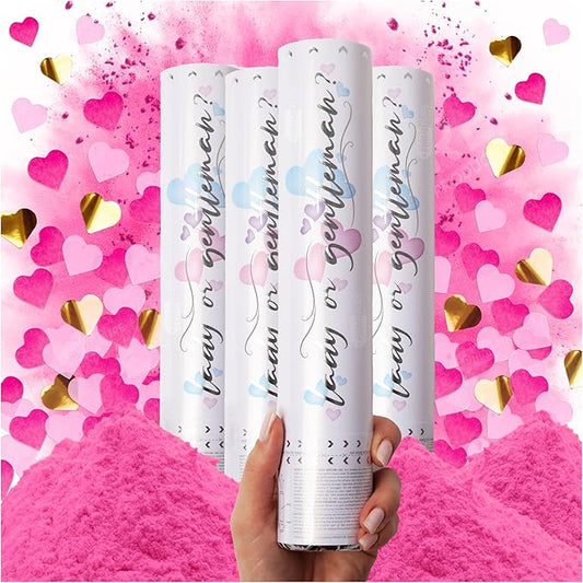 PrimePure Gender Reveal Confetti Cannon - Biodegradable Powder & Heart Shaped Confetti Poppers - Pink, 4 Pack - Baby Girl Gender Reveal Smoke Bombs - Powder Cannon Party Poppers Pink Party Supplies