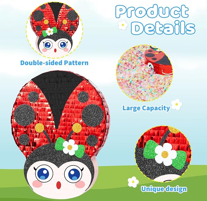 WERNNSAI Ladybug Piñata – Red Ladybug Party Piñata for Kids Birthday Games Garden Theme Parties Insect Theme Classroom Activities baby shower supplies with Blindfold and Stick