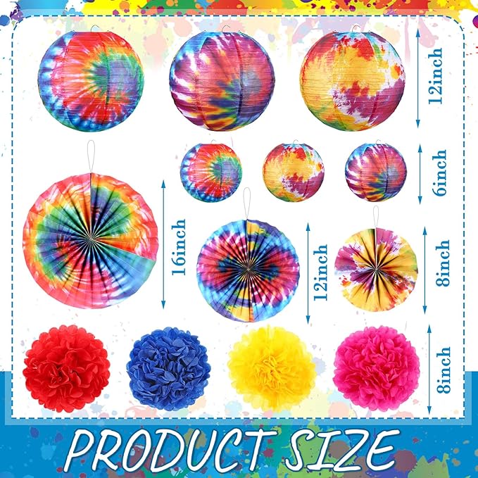 Hortsun 16 Pcs Tie Dyed Party Decorations Include 6 Pcs 12 "and 6" Groovy Hippie Hanging Paper Lanterns,6 Paper Fans -3 Size and 4 Flowers,60s Party Ceiling Wall Decor Chinese/Japanese Groovy Decor