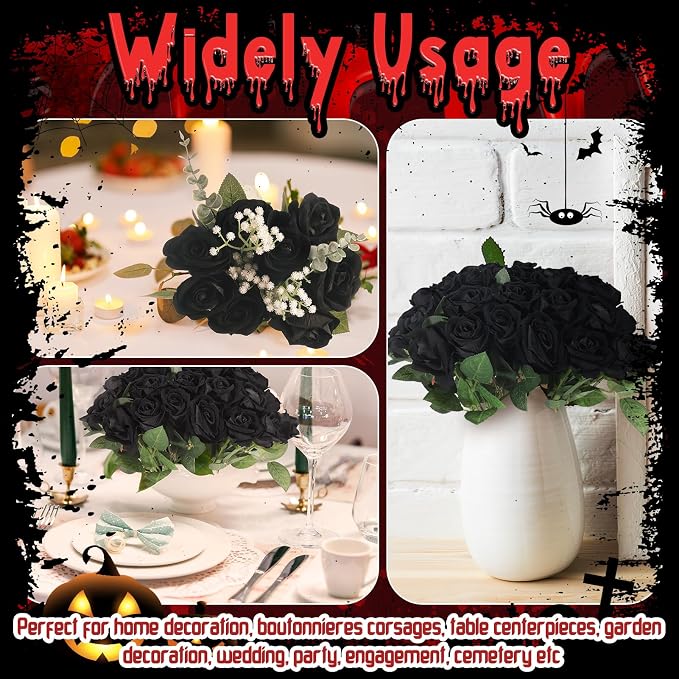 36 Pcs Black Rose Bouquet Bridal Artificial Flowers | Fake Rose Long Stem Realistic Artificial Flowers Bulk for Wedding Bouquet Ball Arrangement Centerpiece Party Decor