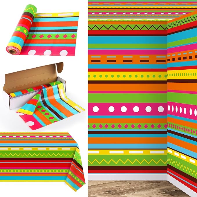 Kochorie 100 Ft x 54 Inch Mexican Fiesta Party Tablecloth Roll with Cutting Box Disposable Plastic Mexican Striped Table Cover Backdrop for Fiesta Taco Party Supplies