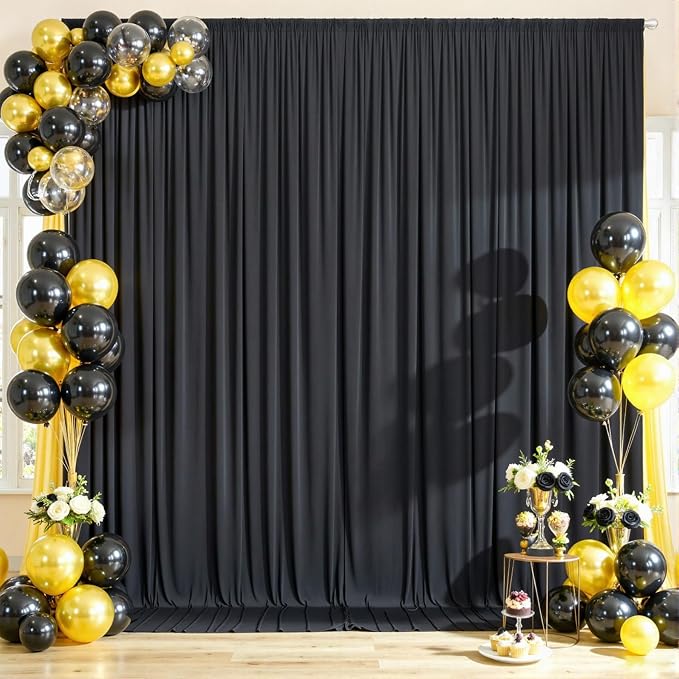 10x12ft Black Backdrop Curtain for Wedding Parties, Wrinkle Free 2 Panels 12 ft Long Silky Polyester Photo Backdrop Drapes Back Drop Cloth Drapery for Birthday Graduation Photography Background