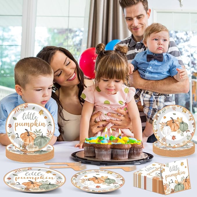 96Pcs Fall Little Pumpkin Baby Shower Party Decoration Set Autumn Lil Pumpkin Plates and Napkins Tableware Set Party Decorations for Baby Shower Fall Thanksgiving Birthday Parties Favors for 24 Guests
