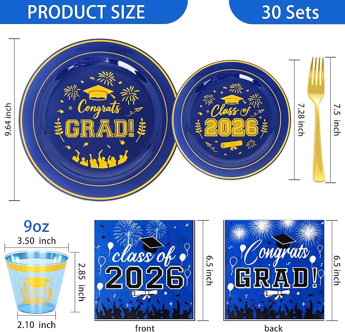 150 Pcs 2026 Graduation Plastic Plates with Disposable Silverware Serves 30 Guests, Blue Gold Graduation Disposable Plates Including 30 Dinner&Dessert Plates, Cups, Napkins, Gold Forks for Party