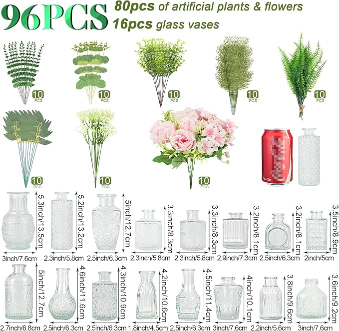 WARMALL Artificial Flowers with Vases, 16 Pcs Bud Vases, & 81 Pcs Artificial Plants DIY Set Suitable for Centerpieces Table Weddings Party Office and Indoor Decor Mini Small Glass Clear(White)