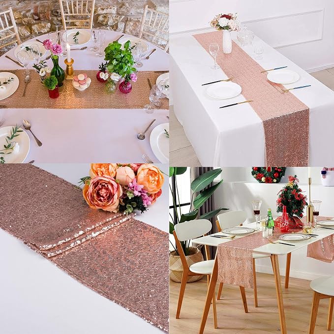 12 Packs 12 X 72 Inch Sequin Table Runner Glitter Dining Table Runner for Birthday Wedding Engagement Bridal Baby Shower Bachelorette Holiday Celebration Party Supplies Decorations (Rose Gold)