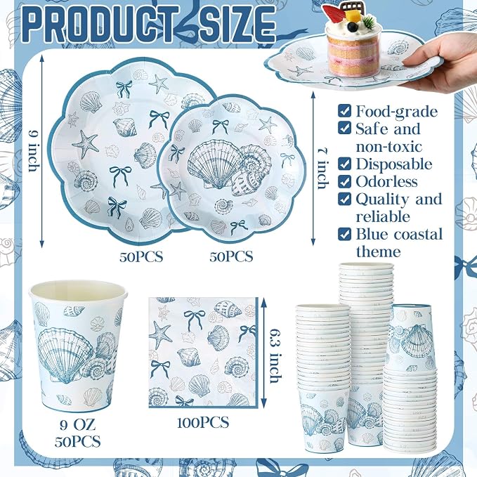 Newtay 250 Pcs Seashell Party Decorations Plates and Napkins Beach Theme Disposable Tableware Dinnerware for 50 Guests Blue Bow Seashell Paper Plates Napkins Cups for Bridal Shower Coastal Party