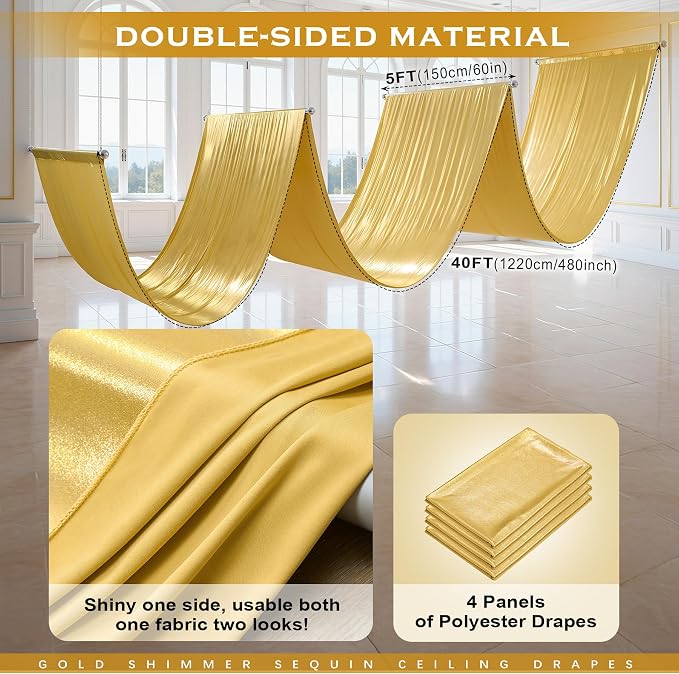 20ftx40ft Gold Ceiling Curtain for Wedding Parties – 4 Panels Wrinkle-Free 40 FT Long Tent Draping Curtains for Wedding, Birthday & Theme Parties, 40ft Height with Rod Pocket