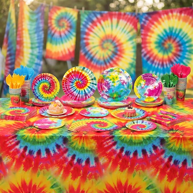 Ceenna 390 Pcs Tie Dye Party Supplies for 48 Guests, Tie Dye Paper Plates Napkins Cups Tablecloth Cutlery Disposable Tableware Set for Birthday Baby Shower Party