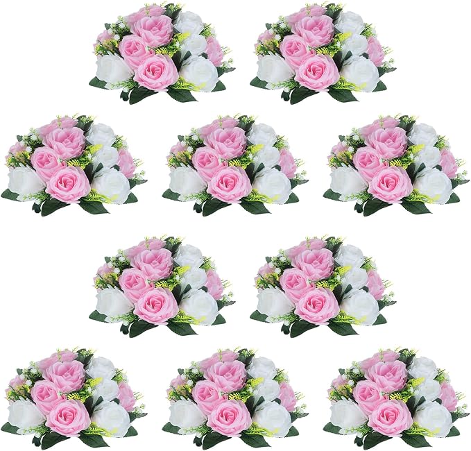 NUPTIO Flower Centerpieces for Wedding Tables: 10 Pcs Pink & White Artificial Flower Ball Arrangement for Weddings Party - Fake Floral Rose for Birthday Bridal Shower Decorations