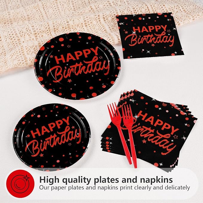 Grencian 96Pcs Red and Black Birthday Party Decorations Red Polka Dots on Black Paper Plates and Napkins Disposable Dessert Tableware for Men Women Birthday Party Decorations 2026 Serves 24
