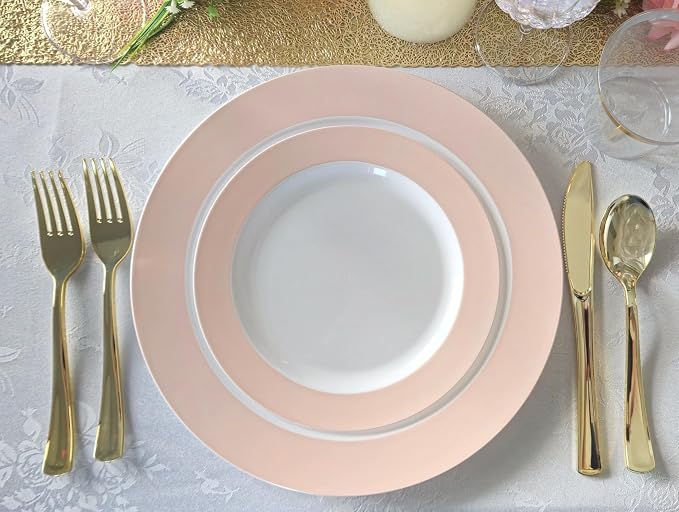 " OCCASIONS " 100 Plates Pack,(50 Guests) Heavyweight Wedding Party Disposable Plastic Plates -50x10.25'' Dinner+50x7.5'' Salad/Dessert (Rio Collection White & Pearled Pink Blush)