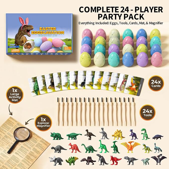 24 Pack Colorful Dinosaur Eggs Excavation Kit with Learning Cards - Dino Dig STEM Science Toy for Kids - Easter Basket Stuffers, Party Favors Birthday Gifts Classroom Activities for Boys Girls Age 3+