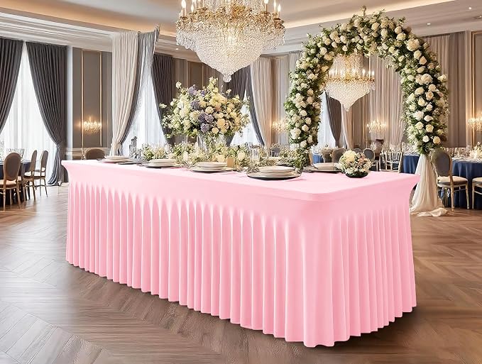2 Packs Pink Stretch Table Skirts for 8 Foot Rectangle Table, Washable Spandex Stretch Tablecloths with Skirt, Wrinkle Resistant Fitted Tablecover for Wedding Party Banquet