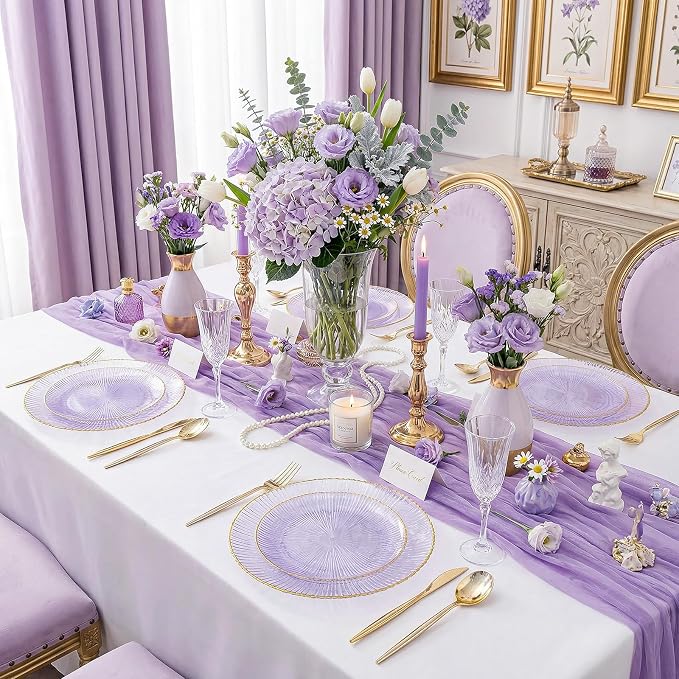 DaYammi 60Pcs Purple Plastic Plates with Gold Rimmed - Purple Disposable Plates Set Including 30pcs Dinner Plates,30pcs Dessert Plates with Radial Texture for Party & Wedding Bridal Shower