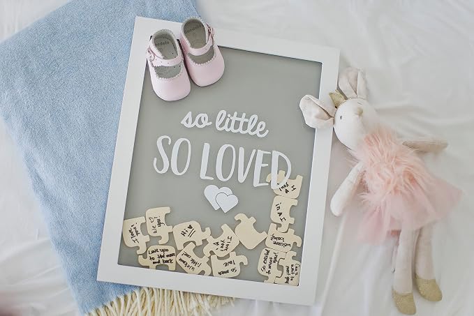 Pearhead So Little So Loved Wooden Elephant Token Frame, Baby Shower Signature Guest Book Alternative with 65 Wooden Tokens, Gender-Neutral Nursery Keepsake Decor, Gray and White