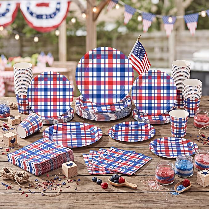 Pickmesh 250 Pcs Red White Blue Paper Plates and Napkins Set, 4th of July Patriotic Plaid Party Supplies Serves 50, 9" & 7" Plates with 9oz Cups and 6.5" Napkins for 250th Veterans Day Summer Party