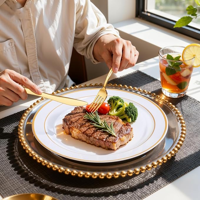 WDF 25Guest Gold Plastic Plates - Heavy Duty Plastic Plates Dinnerware - Include 25 Dinner Plate 25 Salad Plates 50 Forks 25 Knives 25 Spoons 25 Cups 25 Mini Forks for Wedding Birthday Valentine’s Day