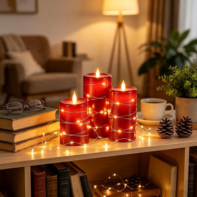3 Pack Red Real Wax Flameless Taper Candles, Realistic Flickering LED Candles with Surrounding Fairy String Lights, Soft Warm Battery Candle Lights with Remote for Holiday Wedding Indoor Outdoor Decor