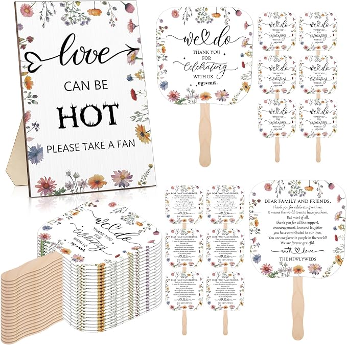 Fumete Wedding Favors for Guests 50 Pcs Wedding Fans and 1 Pc Table Sign Portable Paper Fan with Wooden Handle Hand Fan for Bridal Shower Party Favor Appreciation Gift(Wildflower)