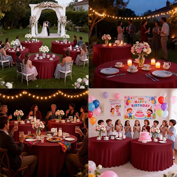 10 Pack Red Round Spandex Tablecloths for 60in Tables, 120 Inch Stretch Fitted Table Skirts, Wrinkle-Free Washable Polyester Covers for Wedding, Banquet & Party