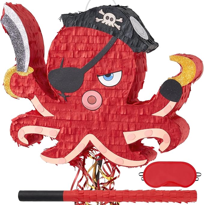 WERNNSAI Pirate Octopus Piñata - Pirate Birthday Decoration Animal Piñata with Blindfold and Stick for Caribbean Party Decoration Men Boys Birthday Anniversary Carnival Celebration Supplies