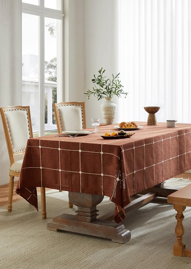 ZeeMart Grid Embroidered Hemmed Tablecloths, Terracota 60x120 Inch, Farmhouse Style Heavy Weight Cotton Linen Rust Tablecloths, Boho Plaid Water Resistant Rectangle Table Cloth