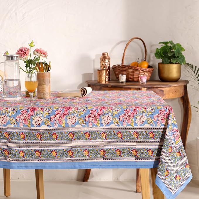 Hand Block Printed Tablecloth, Colorful Floral Print, Indian Artisan Handmade Art, Dining Room, Kitchen, Outdoor Décor, (Sunset Petals, 12 Seater 72 x 135 Inches Rectangle)