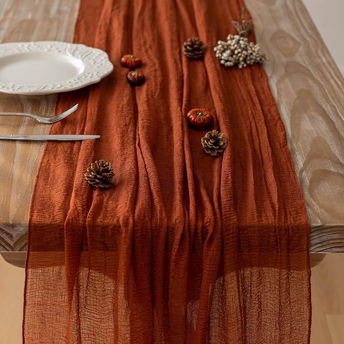 Keketoarrange 3pcs Fall Terracotta Table Runner Rust Gauze Rustic Cheesecloth 120 Inch 10 FT for Wedding Baby Shower Bridal Shower Birthday Engagement Garden Party Sheer Boho Thanksgiving Decorations