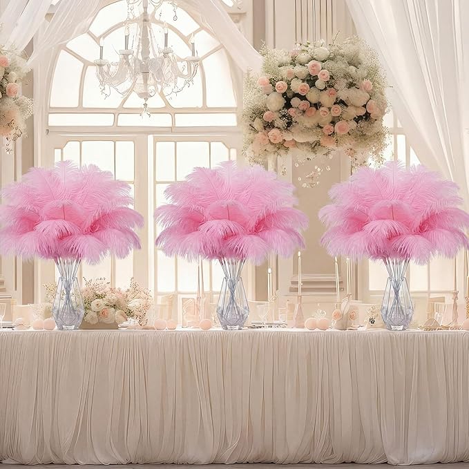 Hanaive 150 Pcs Ostrich Feathers Set Bulk Plumes 12-14 Inch (30-35cm) 70 Pcs Large Ostrich Feathers with 80 Sticks and Tape for DIY Crafts Wedding Home Party Centerpiece Decorations (Pink)