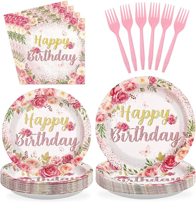 96Pcs Rose Floral Birthday Party Supplies Rose Gold Pink Floral Plates and Napkins Tableware Sets for Womens Girls Lady Happy Birthday Flowers Party Decorations Serves 24