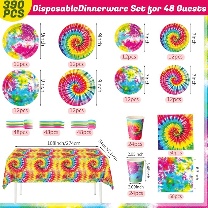 Ceenna 390 Pcs Tie Dye Party Supplies for 48 Guests, Tie Dye Paper Plates Napkins Cups Tablecloth Cutlery Disposable Tableware Set for Birthday Baby Shower Party