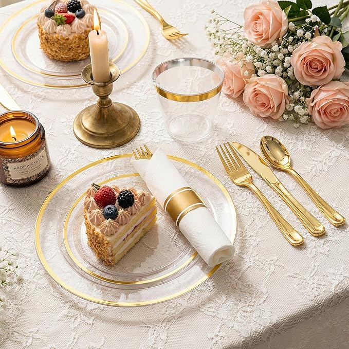 175pcs Plastic Dinnerware Set Clear & Gold | Disposable Plastic Plates for 25 Guests Include 50 Plastic Plates,25 Cups & 25 Pre Rolled Napkins with Cutlery Set for Party
