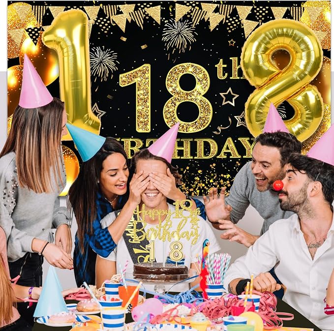 18th Birthday Decorations for Boys Girls with 18th Birthday Banner, Black and Gold Table Cloth, Number Balloons, Large Sash, Cake Topper and Candles