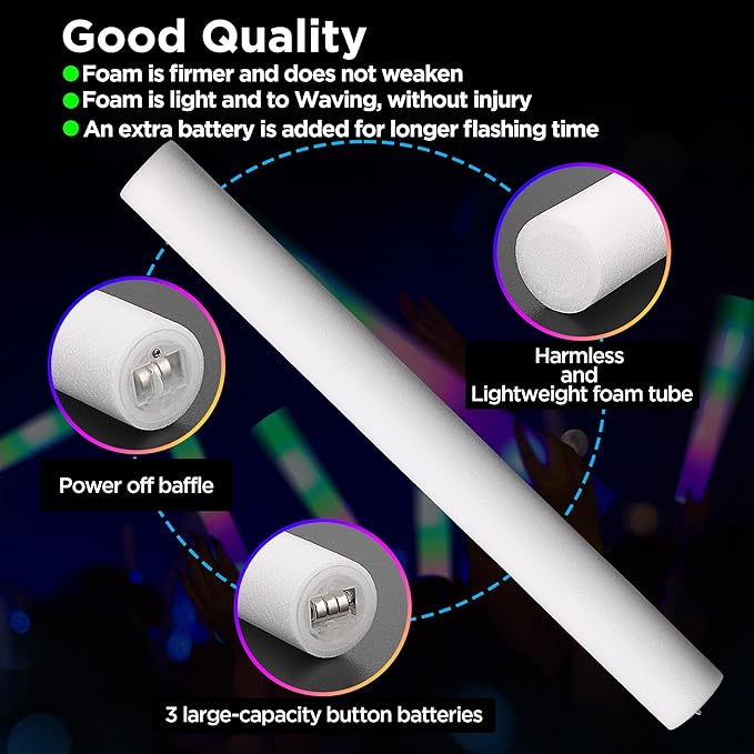 50Pcs Foam Glow Sticks Bulk Party Pack,L16" Big Led Light Up Foam Sticks with 3 Flashing Effect, Glow in The Dark Party Supplies Favors for Wedding, Adults/Kids Birthday, Disco Dance Floor, DJ