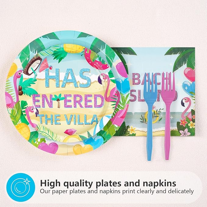 96Pcs Bach Island Bachelorette Party Supplies A Hot New Bride Plates and Napkins Tropical Island Theme Tableware Set for Love Theme Bridal Shower Bachelorette Party Decorations Serves 24