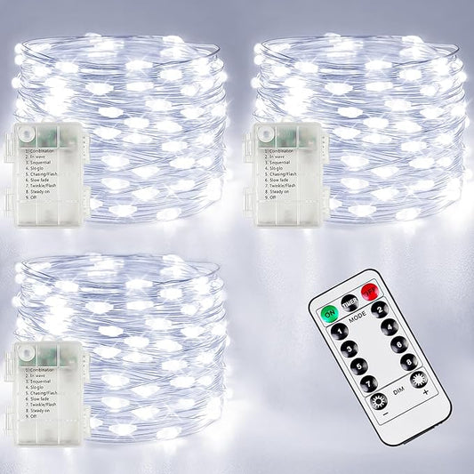 3 Pack Fairy Lights Battery Operated with Remote, 120LED 40FT Twinkle Lights Waterproof for Outdoor & Indoor, 8 Modes Battery String Light Timer for Christmas Party Birthday Home DIY Décor(Cool White)