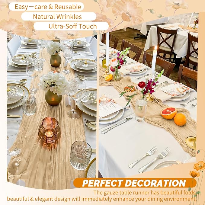 4 Pack Nude Cheesecloth Table Runner 17 x 108 inch Boho Gauze Table Runner Rustic Sheer Cheese Cloth Table Decorations for Wedding Party Baby Bridal Shower Birthday Holiday Home