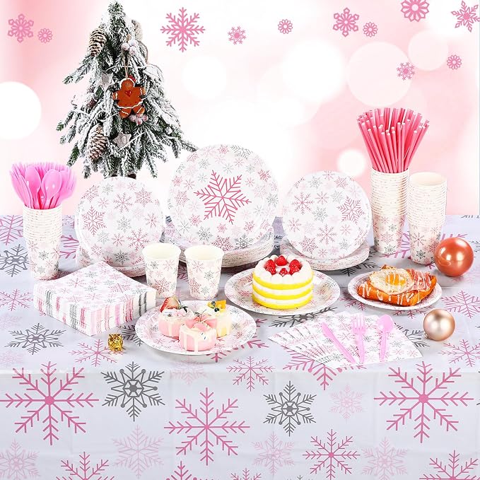 Funnymoom 452 Pcs Pink Snowflake Party Supplies Serves 50, Pink Snowflake Paper Plates Napkins Cups Tablecloth Cutlery Straws for Christmas Winter, Baby Shower Wonderland Birthday Party Decorations