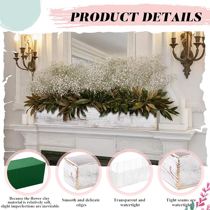 Dandat 6 Set Wood Boxes for Centerpieces 16x4 Inch Rectangle Wooden Planter Box Rustic Wooden Planters with Removable Plastic Liner Floral Foam Blocks for Christmas Wedding Home Garden Decor(White)