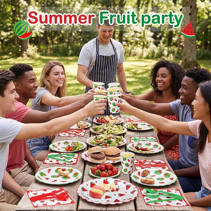 Funnymoom 400 Pcs Watermelon Birthday Party Supplies for 50 Guest Cute Summer Fruit Disposable Plates Napkin Cup Spoon Fork Knives for Outdoor Picnic Birthday Baby Bridal Shower Party Supplies