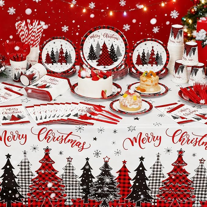 Funnymoom 452 Pcs Christmas Tree Party Supplies for 50, Red Buffalo Plaid Gingham Christmas Paper Plates Napkins Cups Tablecloth Cutlery Straws Tableware Set for Xmas Holiday Party Decorations
