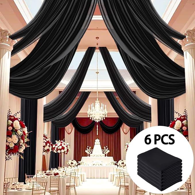 DUOBAO Black Chiffon Sheer Wedding Backdrop Curtains 5x20 FT - 6 Panels Tulle Drapes Fabric for Stage Tent Canopy, Birthday Arch Drapery, Photography Background with Rod Pocket